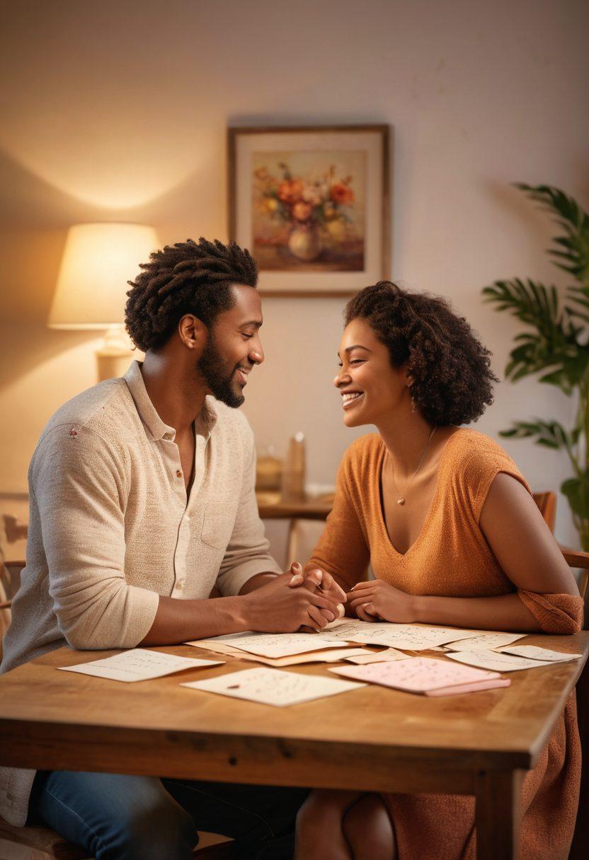 A warm and cozy scene featuring a diverse couple sharing an intimate moment, surrounded by symbols of love: handwritten notes expressing affection, acts of service like a home-cooked meal, and physical touch like holding hands. Soft, pastel colors create a soothing atmosphere, highlighting the essence of love languages in a fulfilling romance. Include subtle heart motifs in the background. super-realistic. vibrant colors. warm lighting.