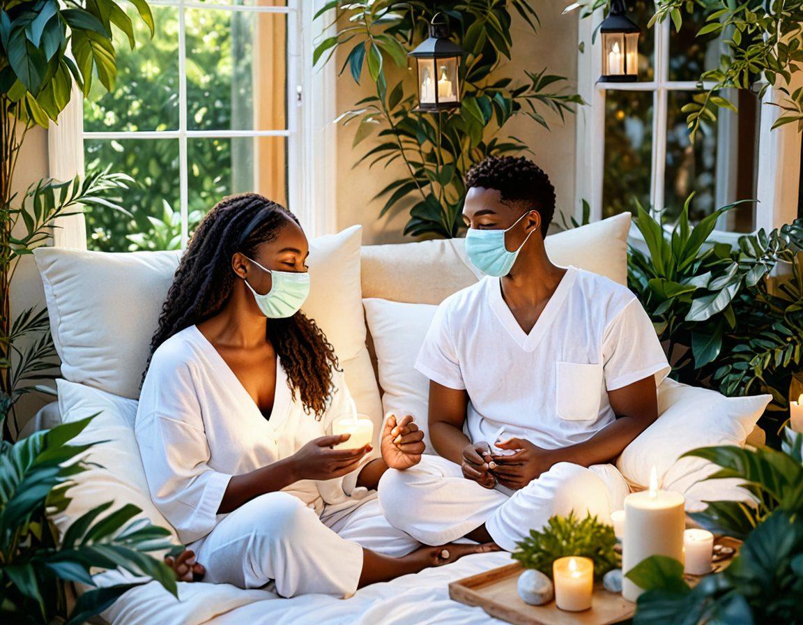 A serene scene depicting a couple engaged in a cozy self-care routine together, surrounded by lush greenery, soft pillows, and candles. They are sharing a laugh while applying face masks, symbolizing connection and intimacy. Warm sunlight filters through the leaves, creating a tranquil atmosphere filled with love and support. The setting illustrates balance and harmony in a relationship. soft colors. peaceful ambiance. painting.