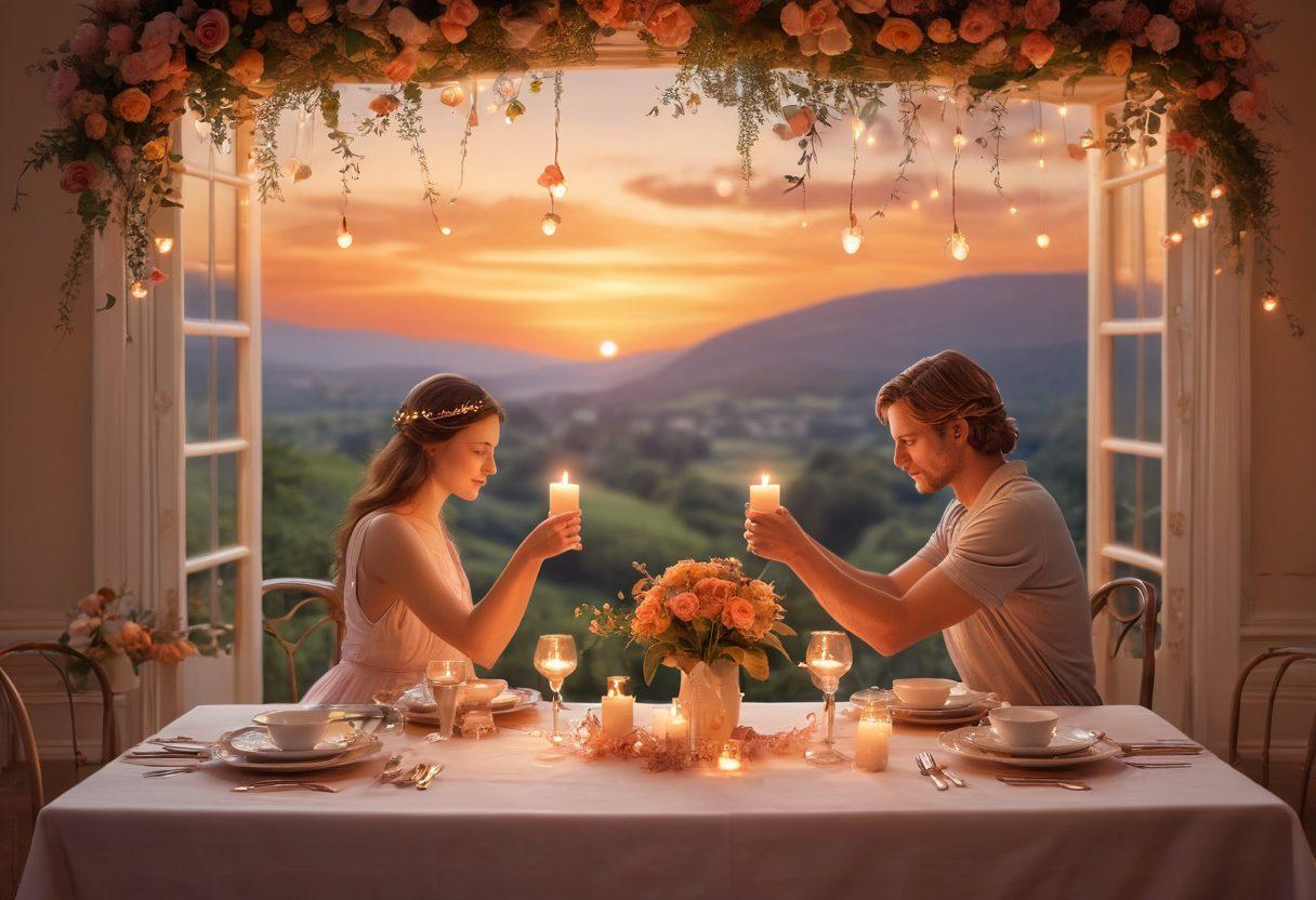 A serene, beautifully set candle-lit dinner table for two, surrounded by soft glowing fairy lights, representing romance and intimacy. Include a pair of hands gently reaching toward each other over a delicate bouquet of flowers in the center, symbolizing connection. The background should feature a warm sunset, melting hearts in the sky, conveying deep emotional bonds. super-realistic. warm colors. soft focus.
